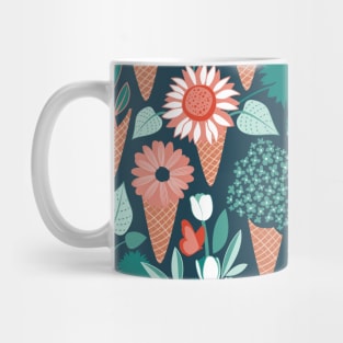 Midsummer I scream flower cones // pattern // green background green aqua and orange flowers bouquets Mug